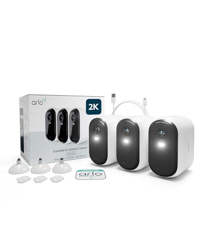 Arlo Essential 2 XL câmara de vigilância Wi-Fi exterior 2 K, câmara de vigilância WiFi interior, bateria de 24 meses *, sensor de movimento, alarme para casa, teste de arco seguro incluído, 3 câmaras,