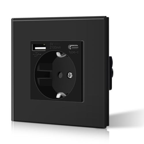 BSEED Tomada de parede tomada padrão Schuko com 2,1 A USB melhorada conector de carregamento e tomada tipo C com painel de vidro fácil instalação 86 mm preto