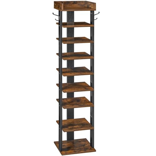 HOOBRO Sapateira, sapato estreito, móvel de sapato de 9 níveis, prateleira de sapato com 2 ganchos, economia de espaço, para entrada, sala de estar, quartos, castanho rústico e preto EBF81XJ01G2