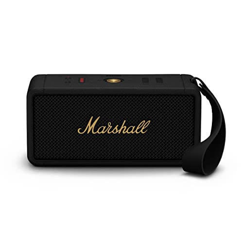 Marshall Middleton Altifalante Bluetooth sem fios portátil, mais de 20 horas de tempo de reprodução portátil, IP67 à prova de água, preto e latão