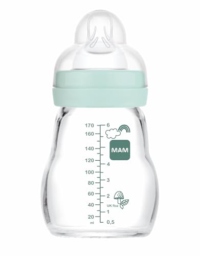 MAM Biberão de vidro, recém-nascido, 0-2 meses, 170 ml, com Tetina 1 de fluxo lento de silicone de fácil aceitação, fácil de limpar, MAM Feel Good, azul, pack de 1 unidade