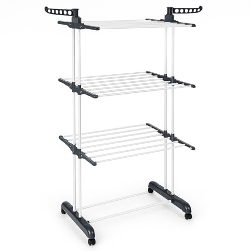T-LOVENDO.ES Estendal vertical dobrável de alta capacidade de roupa - 4 níveis com barras de aço inoxidável com duas asas laterais amplo espaço para secar. Rodas incluídas. Cinzento.