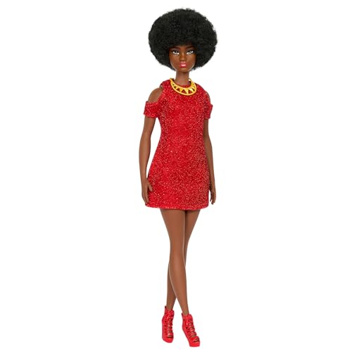 Barbie Fashionistas N.221, boneca com cabelo preto encaracolado natural, vestido vermelho e colar dourado inspirado no estilo de 1980, presente de brinquedo para meninos e meninas +3 anos, HRH18