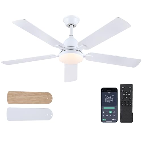 Shanggu Ventilador de teto com luz, ventilador de teto de 132 cm de perfil baixo-ventilador de teto de montagem embutida e controlo remoto APP de teto branco para quarto interior