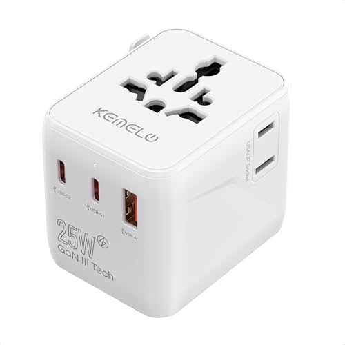 Adaptador de viagem de 25 W para todo o mundo, adaptador universal 5 em 1 com USB A, USB C, 1 tomada mundial e tomada US/JP, adaptador de tomada de viagem internacional para UE, EUA. EUA, Reino Unido