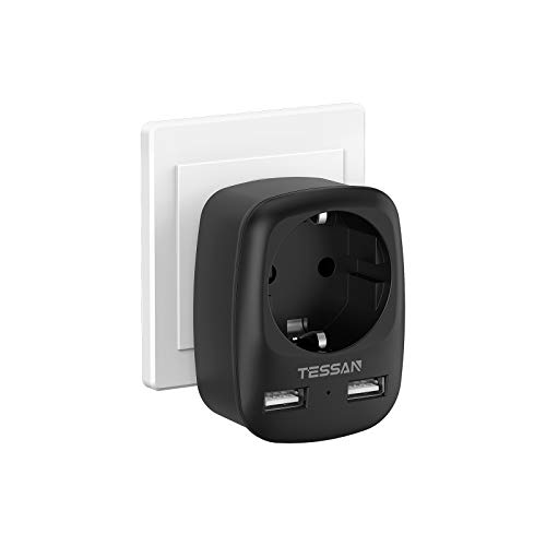 TESSAN Adaptador de tomada europeia para o Reino Unido, adaptador de tomada Inglaterra com 2 USB, adaptador UK para a Irlanda Escócia britânica Maldivas, adaptador espanhol para inglês, tipo G, preto