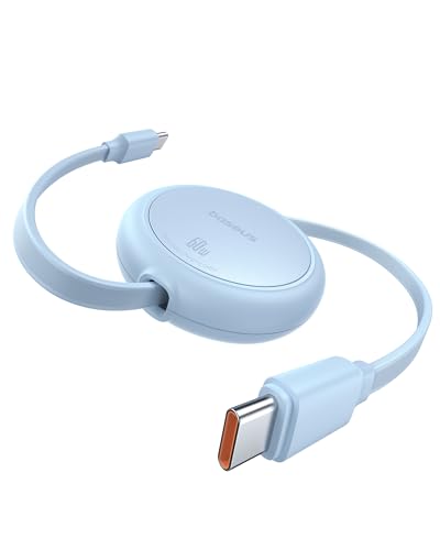 Baseus Cabo USB C, 60 W, PD 5 A, QC 4.0, mini retroátil, carregamento rápido C a C, 4 níveis pré-estabelecidos para iPhone 15, Samsung iPad, fácil de guardar, portátil
