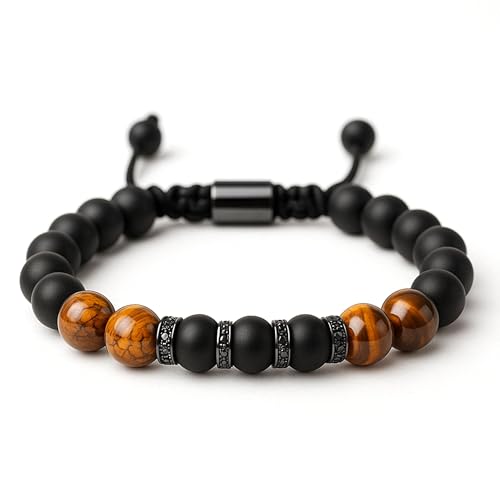 Pulseira de olho de tigre para homens, 8 mm preto Ônix pulseira, presente para o pai, avô, filho, tio, amigo, amante, presentes de Natal e dia dos namorados para felicidade e prosperidade, Tamanho