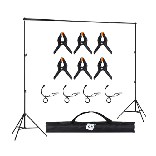 NK Suporte de fundo para fotografia profissional, 2 x 3 metros, ajustável e retrátil, 2 x tripé, 1 barra transversal entrelaçada, 6 pinças, 4 x abraçadeiras laterais de velcro, 1 bolsa de transporte