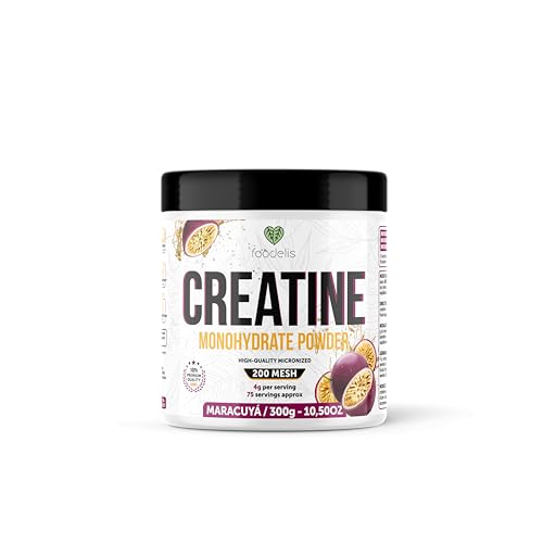 Foodelis Creatina monohidratada 300 g em pó – sabor maracujá – alta pureza – desempenho físico e recuperação – matéria-prima premium, vegana, absorção rápida.