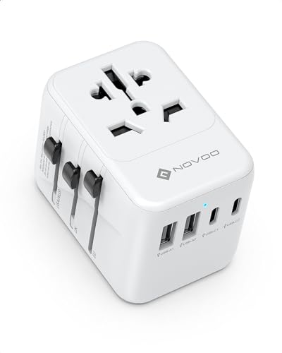 NOVOO Adaptador de tomada universal, adaptador de tomada universal de viagem PD 21 W com 2 USB e 2 tipo C, Travel Plugs para UE, EUA, UK, NZ, Austrália, China, Japão