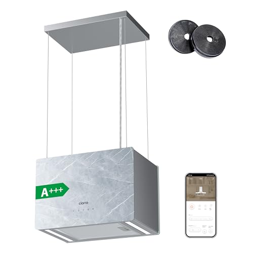 Ciarra Pinnacle CBCW4850 Sino ilha cozinha 650 m³/ h classe A++ 48 cm sem saída de fumo controlo tátil e Wi-Fi com filtro de carbono - mármore branco - vidro fosco