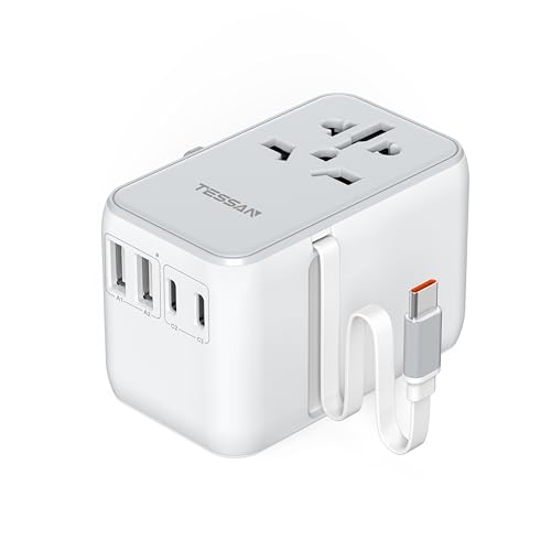 TESSAN Adaptador de tomada universal com cabo retrátil USB C PD 35 W, tomada universal viagem com 4 USB e 1 CA, adaptador inglês para espanhol para EUA Japão Suíça Irlanda Tailândia China Canadá