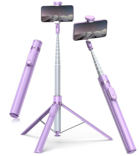 TONEOF 168 cm Vara automática Selfie tripé, tripé para telemóvel com controlo remoto magnético recarregável, suporte móvel rotativo de 2 eixos de 360°, tripé estável para iPhone/Android-roxo