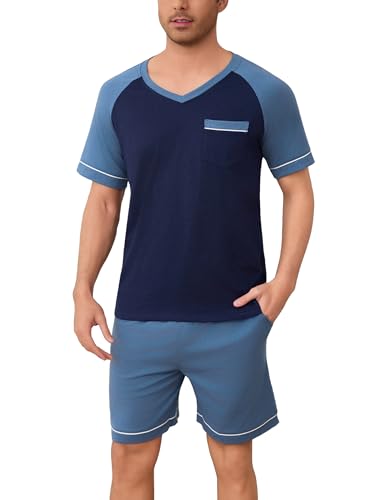 Irdcomps Pijama para homem verão algodão conjunto de pijamas de manga curta e calções de pijama curto roupa de dormir 2 peças bolsos S-XXL