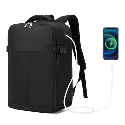 Kono Mochila viagem cabine avion 40 x 17 x 25 para Ryanair, bagagem de mão impermeável com porta USB, anti-roubo, correia para mala, mala mala mala para trabalho e universidade, homem mulher, Preto