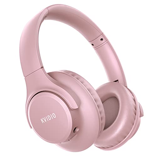 KVIDIO Auriculares sem fios Bluetooth, 65 horas de reprodução, auriculares Bluetooth, capacetes leves dobráveis com microfone, graves profundos (rosa)