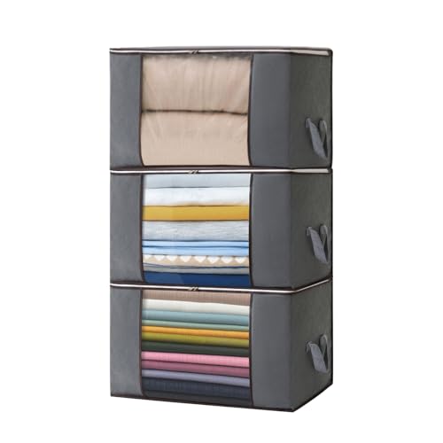 Boic Caixas de armazenamento roupa 3 peças, bolsa de armazenamento de 90 l roupa de tecido não tecido, organizador armário com pega reforçada, recipiente para debaixo da cama para edredões,