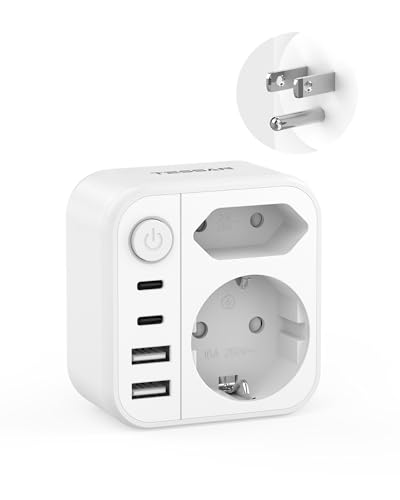 TESSAN Adaptador de tomada EUA com 1 interruptor, adaptador de tomada de inglês para espanhol com 2 USB C e 2 USB A, tomada americana para Itália para Estados Unidos, México, Canadá, Filipinas, Peru