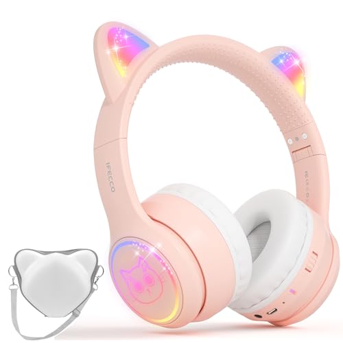 iFecco Auriculares Bluetooth para crianças com microfone, com estojo sem fios, LED Light Cat Ear para aniversários, viagens, escola, presentes
