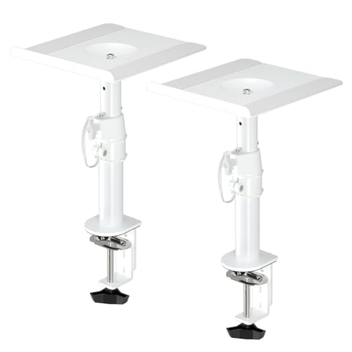 suptek Suporte para altifalantes de pé, suporte para altifalante universal para barra de som de computador e altifalantes de prateleiras, giratório e inclinável, embalagem de 2, máx. 15kg, branco