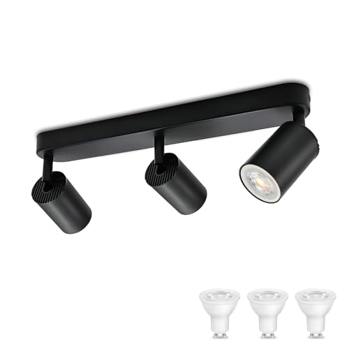 KYOTECH Candeeiro de teto preto com 3 focos candeeiro de teto LED de 5 W orientável e rotativo incluído lâmpada GU10 3000K 420LM holofotes de teto para cozinha, quarto, sala de estar