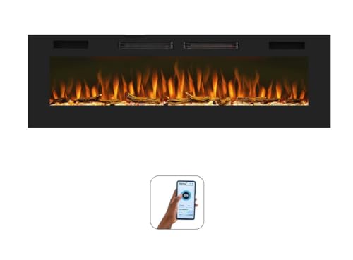 Mystflame Crystal 50 Lareira elétrica de parede com Wi-Fi, 127 cm, ultra fina 8 cm, 12 cores de chama, termostato de 750/1500 W, fogão com aquecimento confortável, ecrã tátil e temporizador