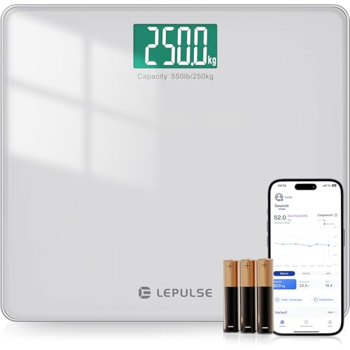 Lepulse Bascula de casa de banho digital 250 kg capacidade extra alta, base inteligente peso corporal IMC com plataforma extra grande, balança de casa de banho inteligente com app, balança de peso