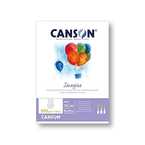Canson Imagine, papel misto médio, grau leve, 200 g, colados de lado curto, A2-42 x 59,4 cm, branco natural, 50 folhas