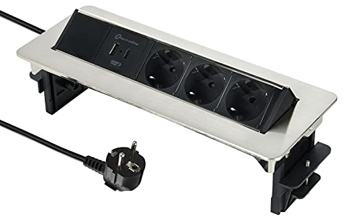 Electraline 62570 Extensão de base múltipla retrátil para secretária / mesa tomada embutida com 3 tomadas Schuko 2 USB 3.1A (1 tipo A 1 tipo C compatível com a mais recente tecnologia) 15,5 W, cabo 2