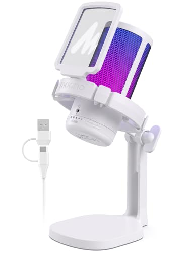MAONO Microfone Gaming, USB microfone condensador com cancelamento de ruído para Streaming Podcast Studio, compatível com PS5/PS4/Mac com luzes RGB controláveis, botão de silêncio, controlo de ganho