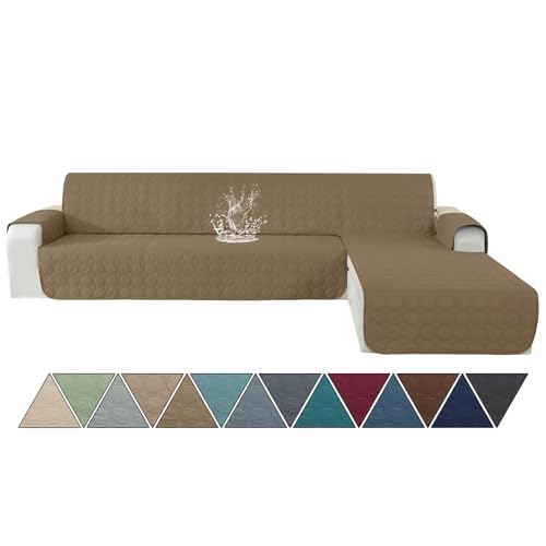 Ystyle Capas para sofá Chaise Longue 3 lugares impermeável, capas sofá Chaise longo esquerdo/direita universal reversível, cobertura sofá Chaise longo gato lavável, café claro
