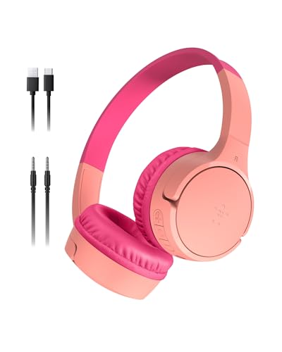 Belkin SoundForm Mini auriculares sem fios para crianças com microfone, on Ear, 30 horas de autonomia e autocolantes, capacetes supra-aurais para ensino online e viagens, iPhone, iPad ou Galaxy, rosa