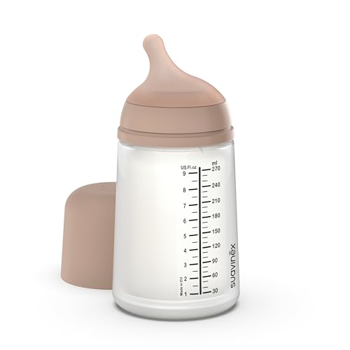 Suavinex, Biberão anticólico zero zero com cetina de fluxo médio (M) de silicone, babete para bebés + 3 meses, recomendado para amamentação, leite materno e de fórmula, 270 ml, M