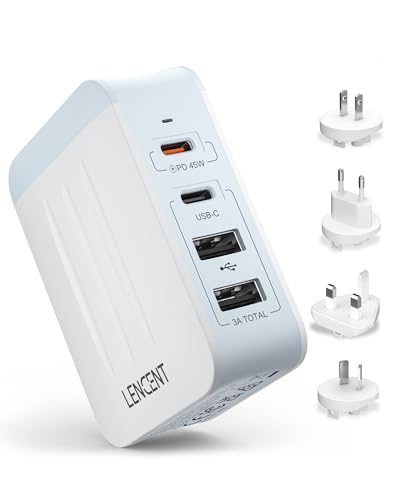 LENCENT Carregador de parede de 45 W, adaptador de viagem com 2 PD tipo C 2 USB, carregador mundial móvel com o Reino Unido UE Europa Austrália, cubo de tomadas internacional para telemóveis, tablets,
