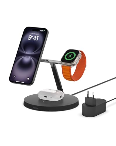 Belkin carregador sem fios MagSafe 3 em 1, carregamento rápido de 15 W para iPhone, carregamento rápido para AppleWatch, estação de carregamento para AirPods, iPhone 16, Plus, Pro, Max, Apple Watch e
