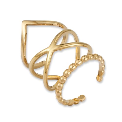 GD GOOD.designs Conjunto de anéis ajustáveis para mulheres de aço inoxidável - impermeável - anéis empilháveis de 3 peças em prata, ouro de 18 K, ouro rosa | Incl. Caixa de presente