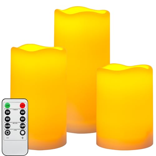 Da by Velas sem chama que funcionam com pilhas, velas LED impermeáveis para exteriores, velas falsas de plástico com temporizadores remotos, conjunto de 3 (marfim)