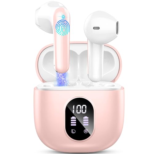 Auriculares sem fios, auriculares Bluetooth 5.3 HiFi estéreo, 50H capacetes sem fios Bluetooth com 4 HD Mic, 2024 auscultadores sem fios cancelamento de ruído ENC/ecrã LED/IP7 impermeável/rosa