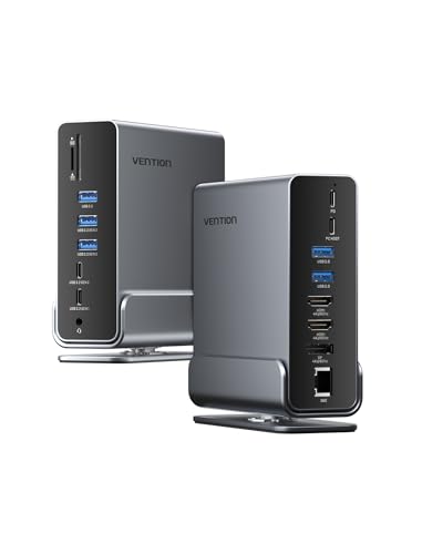 VENTION USB C Docking Station 15 em 1 com monitor tripla, 2 HDMI 4K @ 60Hz, DP 4K, USB 10 Gbps, RJ45, áudio, SD/TF, carregamento PD de 100 W para computador portátil/Mac/Windows