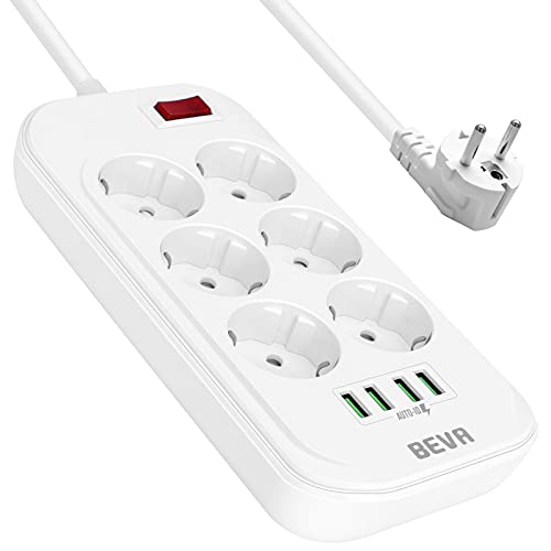BEVA Extensão de tomada com USB, tomadas múltiplas de 6 tomadas de corrente e 4 entradas USB, tomada plana com proteção contra sobrecargas e interruptores, latão tomadas com cabo de 2 m, 2500 W/10 A