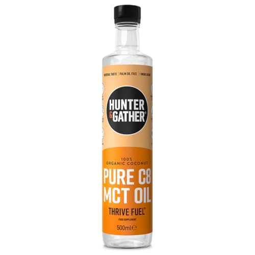 Hunter & Gather Óleo MCT C8 Puro 500 ml, coco 100% orgânico triplo destilado a vapor, Keto, baixo em carboidratos e palo, livre de açúcar, óleo vegetal e sementes