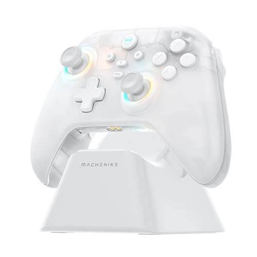 Machenike G3V2 Mando Inalambrico PC con Base de Carga, Joysticks Trigger Hall,Sin Deriva de Joystick, RGB Mando Bluetooth Gaming para PC/Switch/iOS/Android, 1000mAh, 2.4G/BT/USB-C (Blanco, PE)
