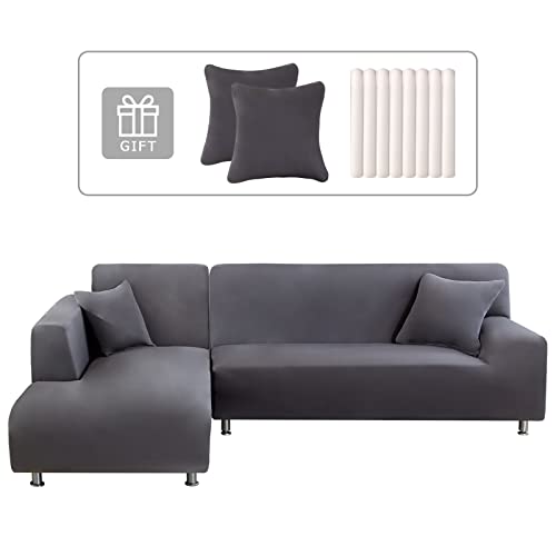 Lydevo Capa para sofá Chaise Longue 2 peças capa cobertura sofá de sofá inconera em forma de L reversível com 2 fronhas elásticas protetor para sofá, canto direito esquerdo, cinzento