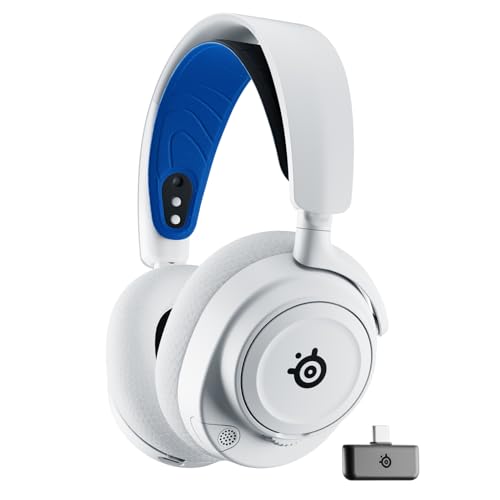 SteelSeries Arctis Nova 7P Wireless Capacetes PS5 sem fios, controladores magnéticos de neodímio, 2,4 GHz + Bluetooth, 38 h bateria- Micro ClearCast Gen2 IA - PS5, PC, Switch 2, VR, telemóvel - branco