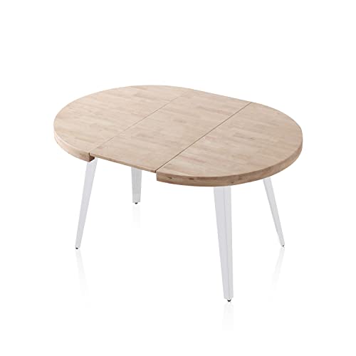 Berg, Mesa de sala de jantar redonda extensível, mesa de 2 divisões, acabamento em carvalho e branco, medidas: 100-140 - 180 cm (comprimento) x 100 cm (largura) x 78 cm (altura)