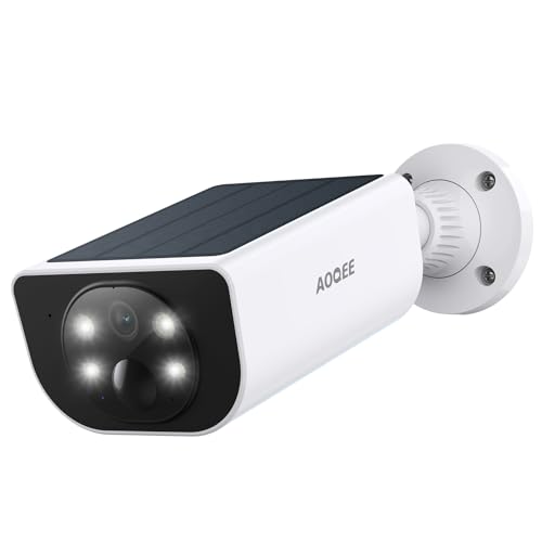 AOQEE Câmara de vigilância WiFi exterior solar, 2 K segurança câmaras vigilância doméstica sem cabo com bateria, humana/PIR sereia, visão noturna cor, IP65, compatível com Alexa, S1