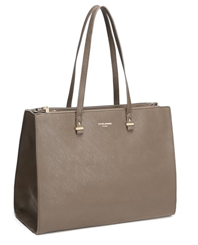 David Jones - Bolsa de mão trabalho mulher - Shopper Tote Bag PU pele - grande mala tiracolo ombro pele alça comprida - pastas A4 diárias vida mensageiro escritório escola grande tamanho -, Bege, Capa