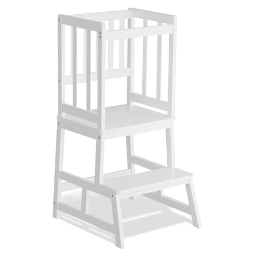 COSYLAND Torre de aprendizagem desde 18 meses - torre de aprendizagem de madeira para crianças - proteção anti-virar e barra de segurança - para casa de banho, quarto infantil e cozinha - madeira