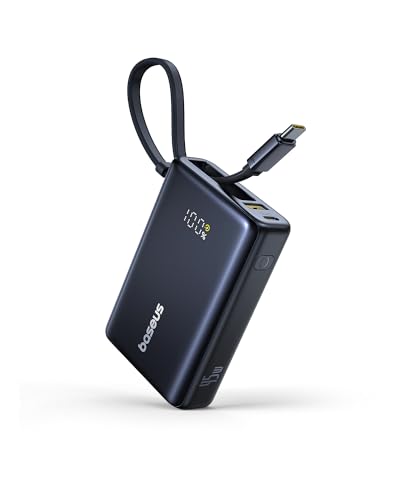 Baseus Picogo Power Bank 10000 mAh 45W com cabo USB-C integrado, PD 3.0 QC 4+ bateria externa de 45 W, 2 USB-C e 1 USB-A, Powerbank para iPhone 16/15/14 séries, MacBook, Galaxy S24 GG